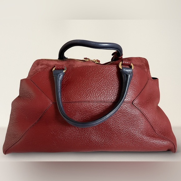 Iacucci Italian Pebbled Leather Suede Satchel Handbag Red Oxblood Blue Handles - Picture 4 of 14